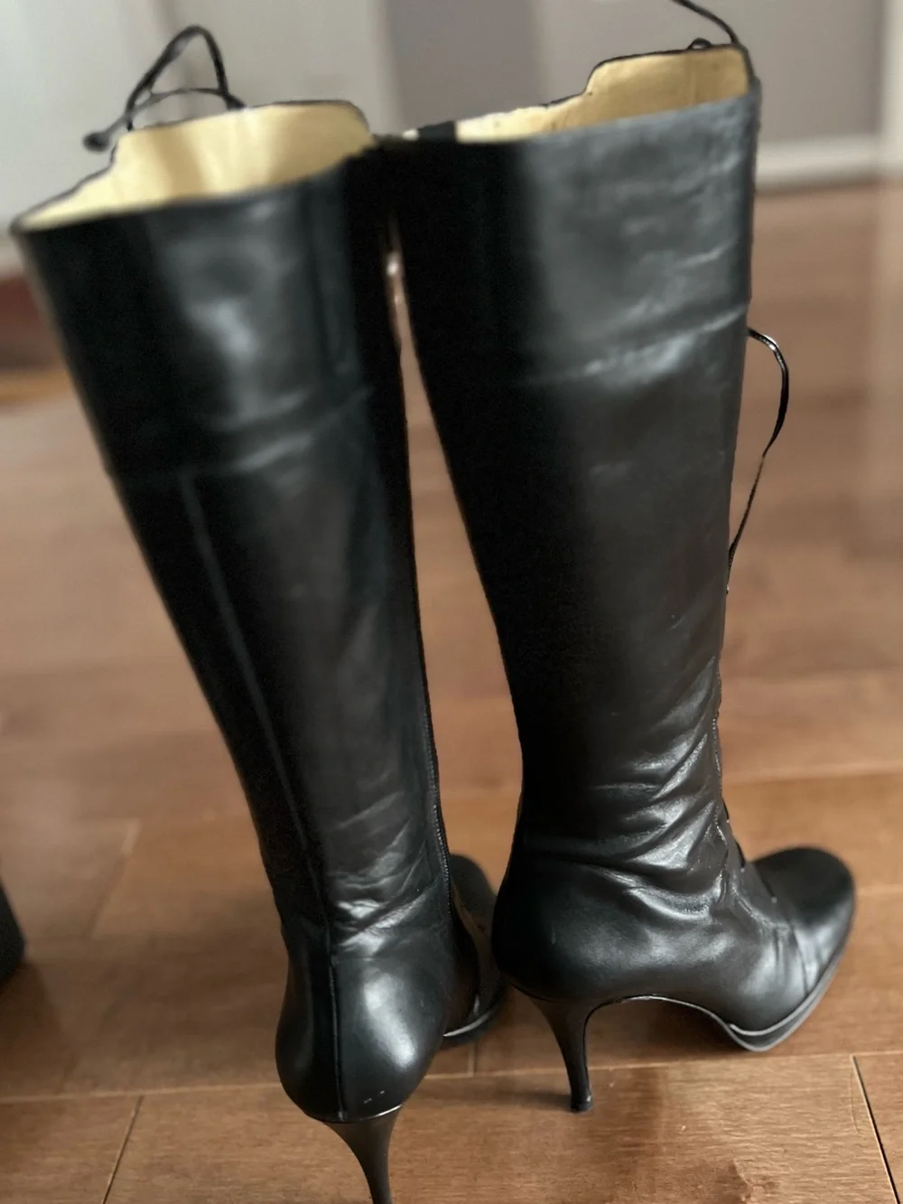 Via Spiga Made in Italy Black Leather Lace Up Stiletto High Heel Knee Boots 7M